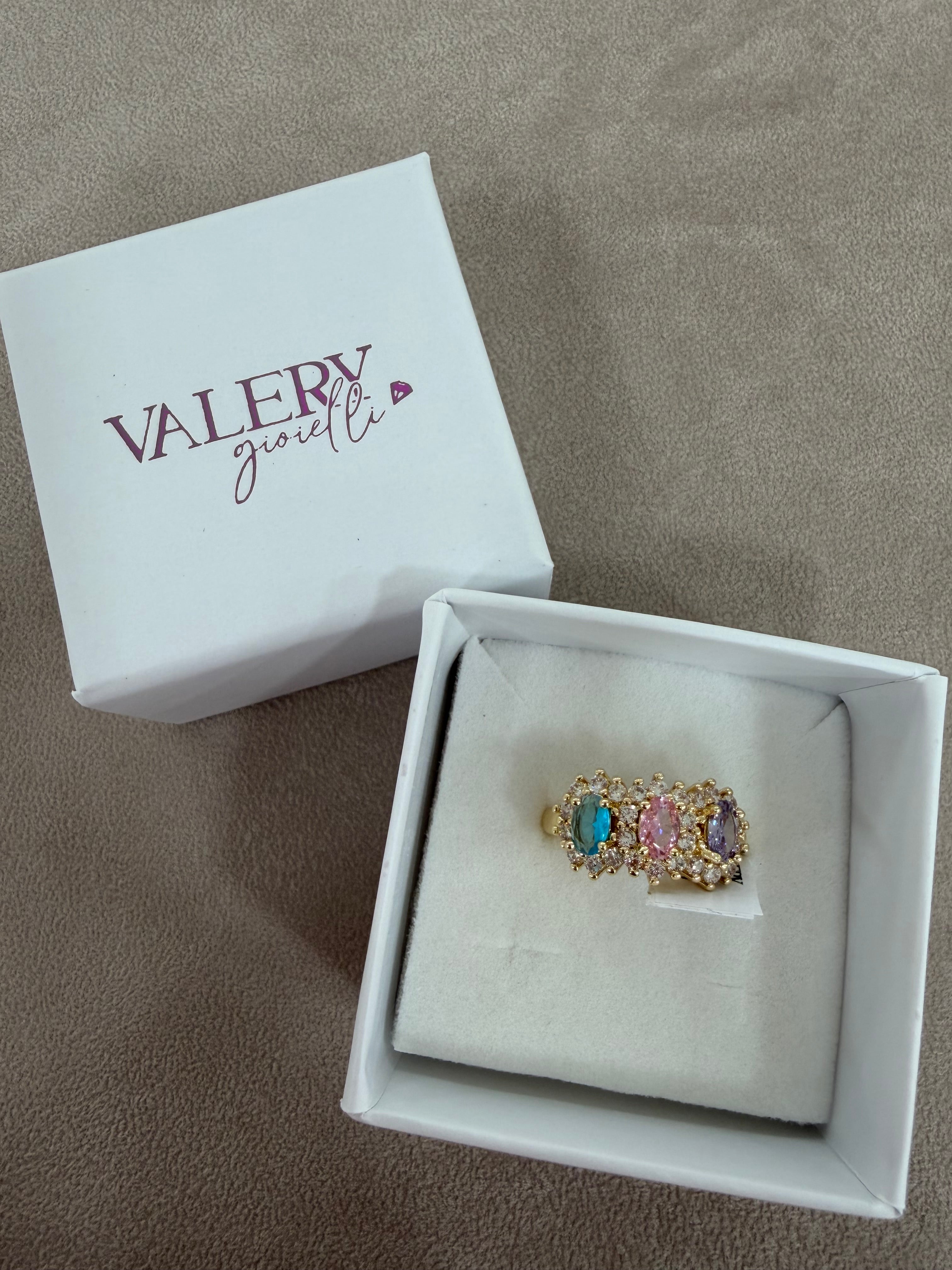 Anello Trilogy in Acciaio Gold con Zirconi Multicolor