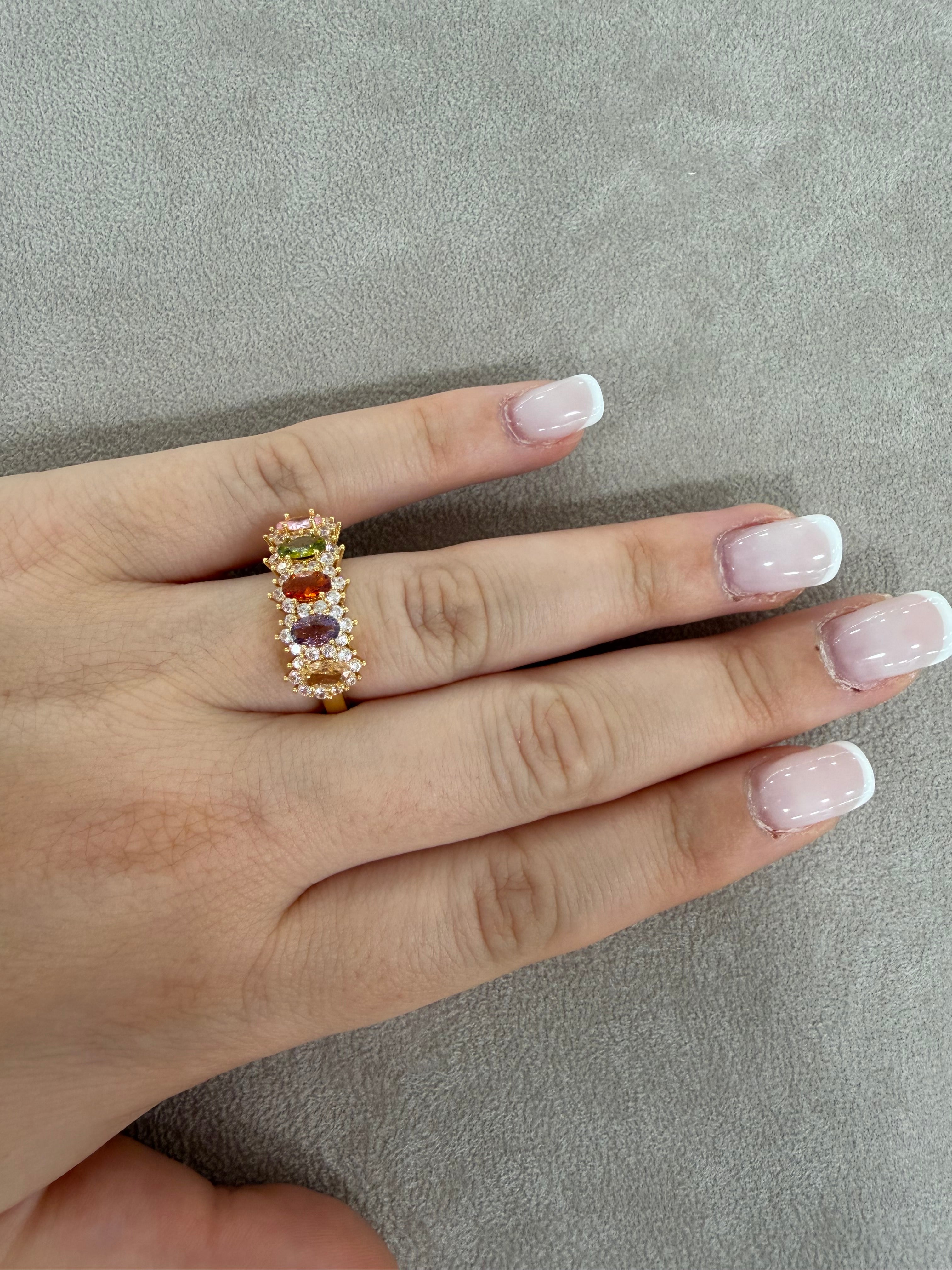 Anello Cinque Pietre in Acciaio Gold con Zirconi Multicolori