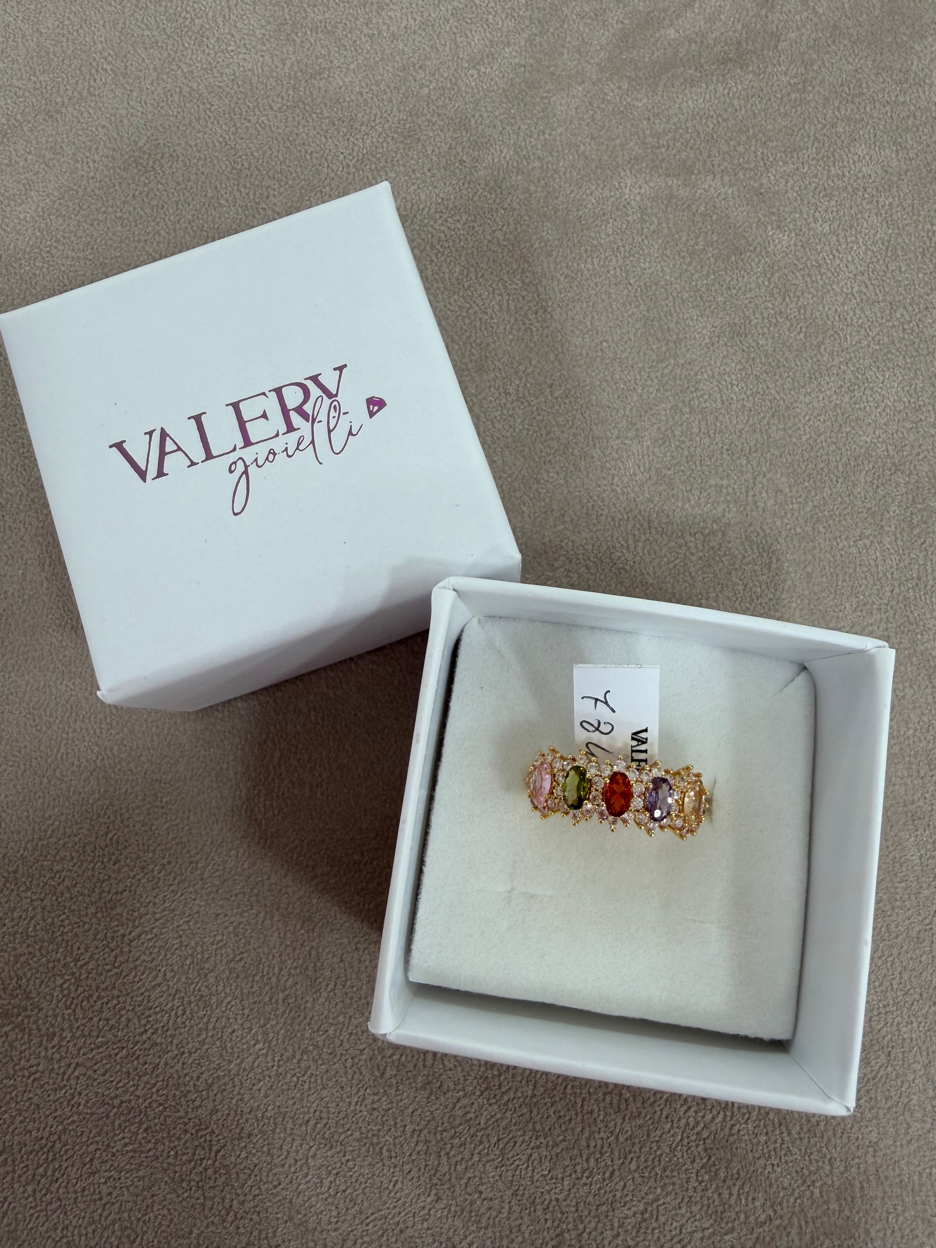 Anello Cinque Pietre in Acciaio Gold con Zirconi Multicolori