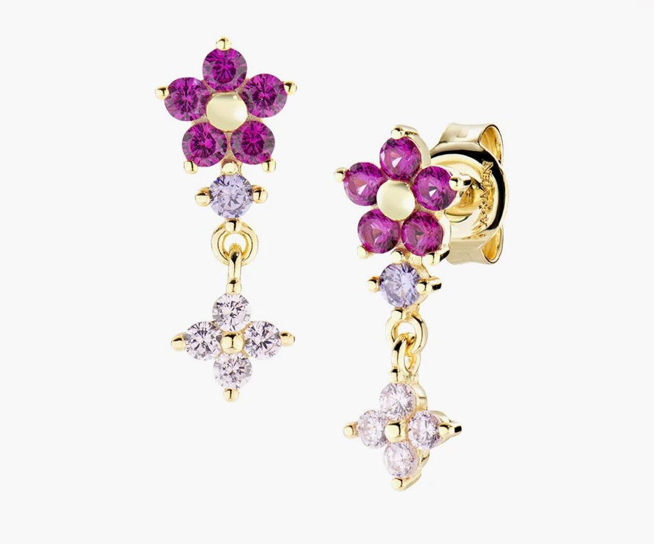 Orecchini Pendenti Primula Fucsia Dorati in Argento 925