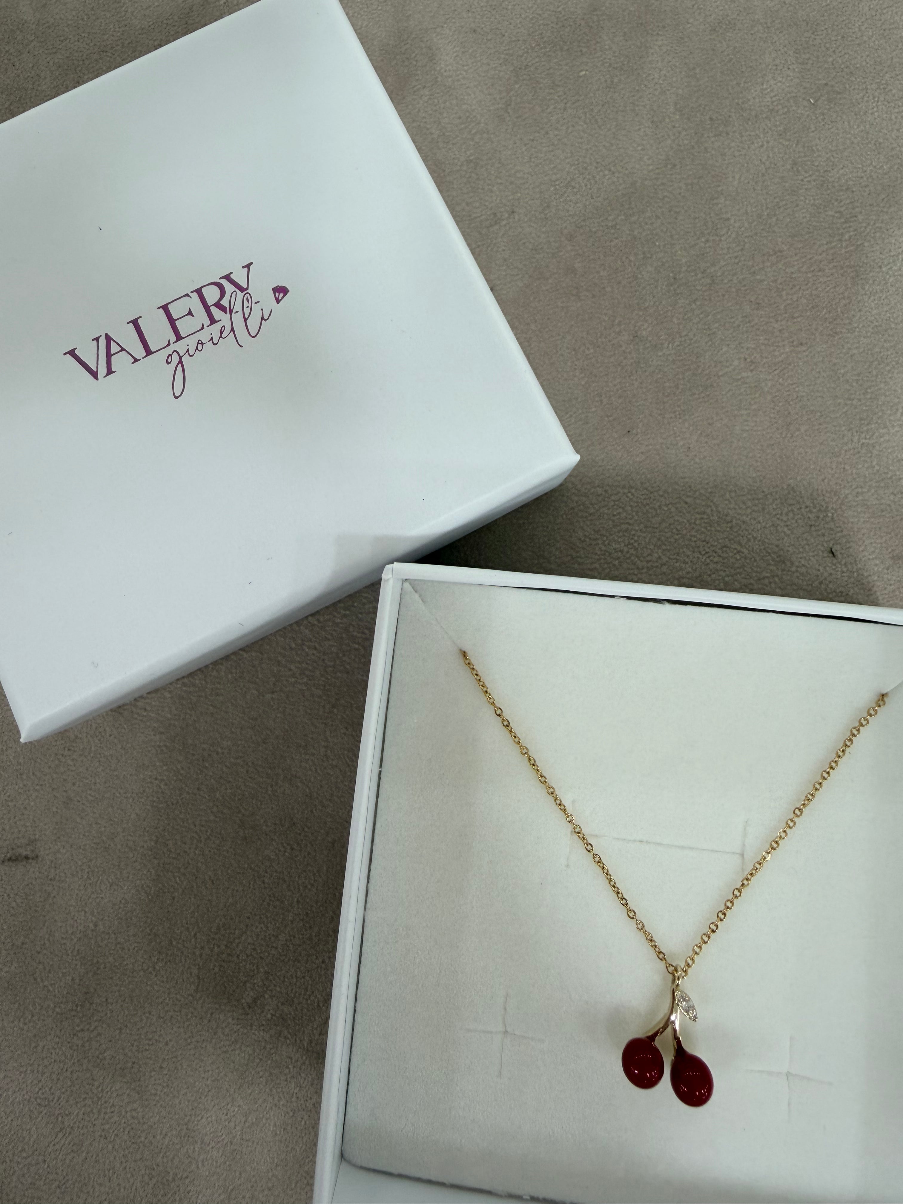 Collana in Acciaio Gold con Ciliegie Rosse